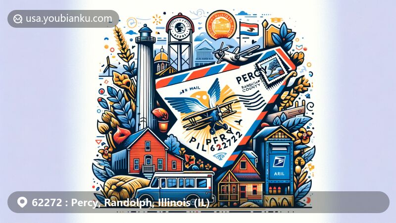 Modern illustration of Percy, Randolph County, Illinois, featuring postal theme with ZIP code 62272, showcasing detailed air mail envelope with stamps, postmark, mailbox, and mail delivery vehicle.