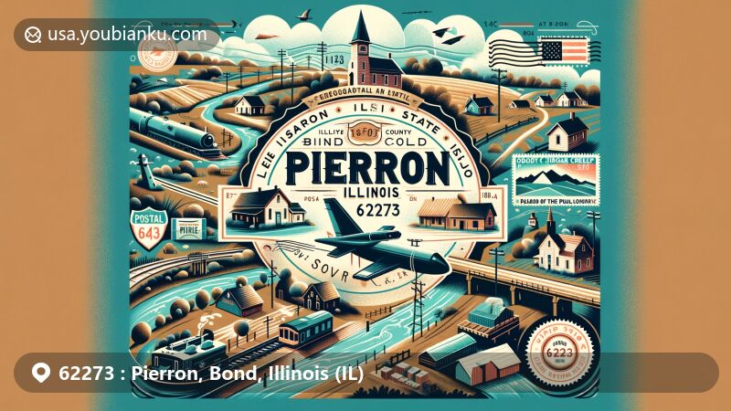 Modern illustration of Pierron, Bond County, Illinois, showcasing postal theme with ZIP code 62273, featuring Illinois Route 143, Sugar Creek, and Shoal Creek.