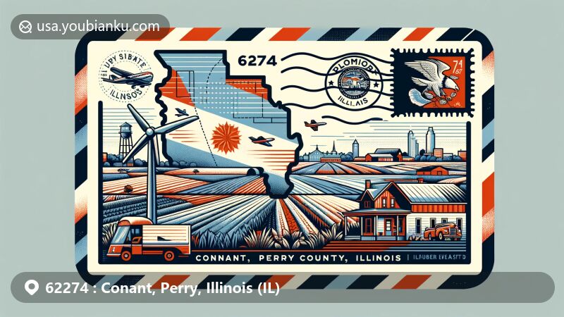 Modern illustration of Conant, Perry County, Illinois, featuring postal theme with ZIP code 62274, combining stamps, postmarks, and mailboxes with regional symbols and Illinois state elements.