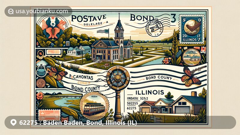 Modern illustration of Pocahontas village, Bond County, Illinois, resembling a vintage postcard with ZIP code 62275 and thematic elements showcasing local culture, history, and nature.