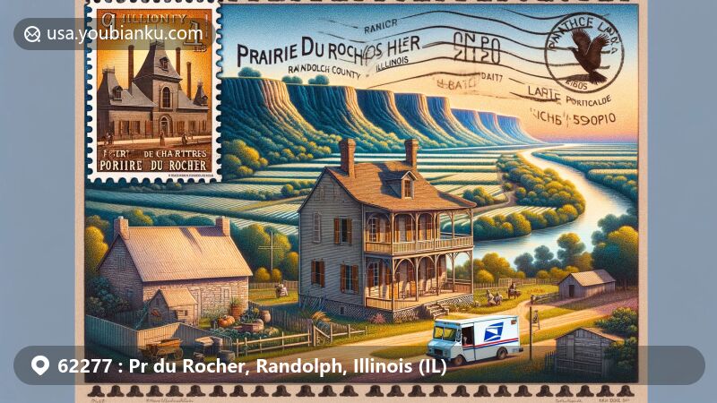Modern illustration of Prairie du Rocher, Randolph County, Illinois, featuring French Colonial history and postal heritage, highlighting Creole House and Fort de Chartres on a postage stamp.