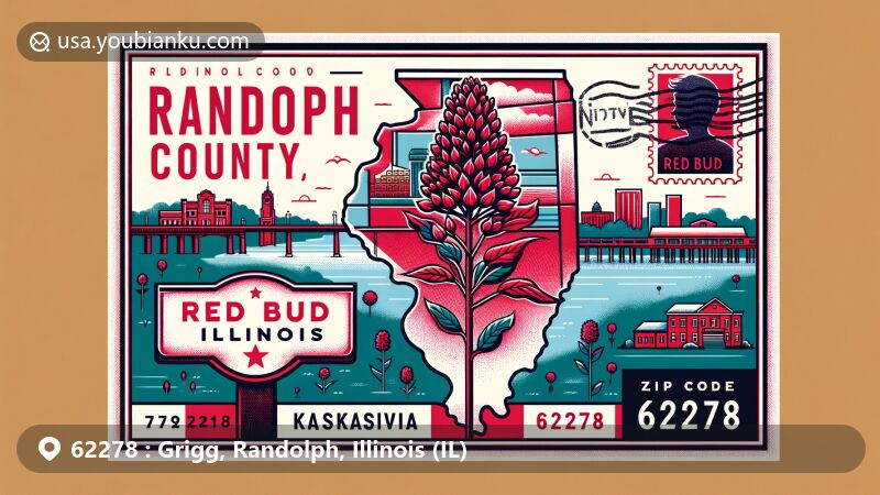 Modern illustration of Red Bud, Randolph County, Illinois, featuring Kaskaskia River connection and symbolic redbud tree, with postcard theme and ZIP code 62278.