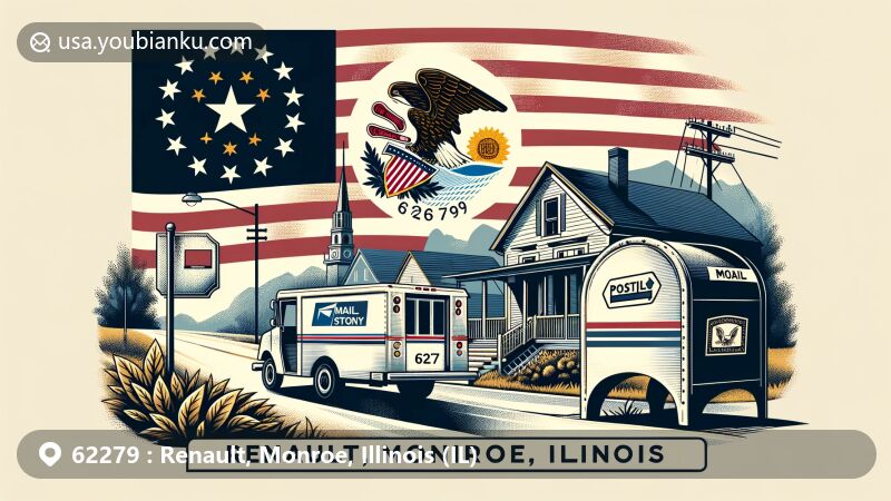 Modern illustration of Renault, Monroe County, Illinois, featuring postal theme with ZIP code 62279, showcasing small town street scene with mail delivery vehicle, mailbox, Illinois state flag, and Monroe County silhouette.