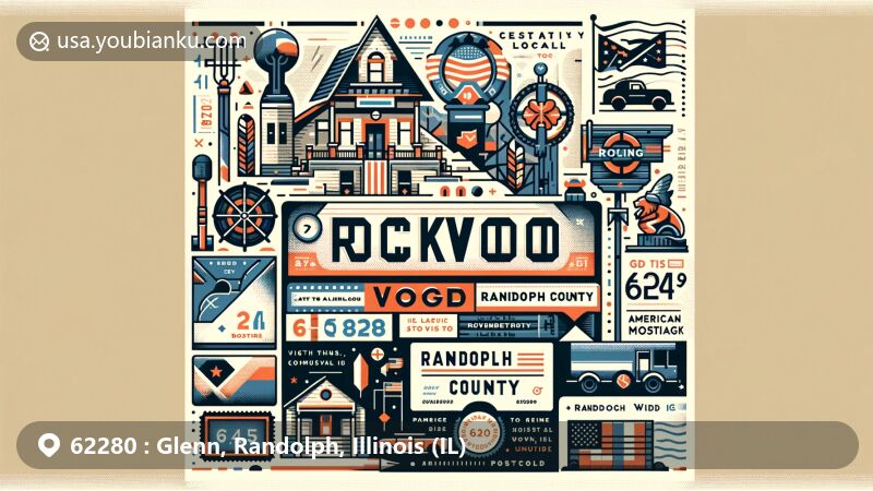 Modern illustration of Rockwood village, Randolph County, Illinois, featuring postal theme with ZIP code 62280, showcasing historical symbols and Revolutionary War references.
