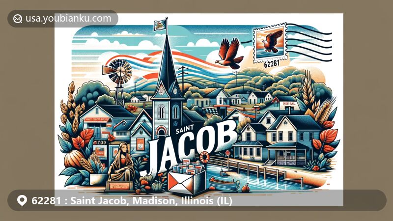 Modern illustration of Saint Jacob, Madison County, Illinois, capturing the essence of community spirit with a postal theme and Illinois state flag, highlighting ZIP code 62281.
