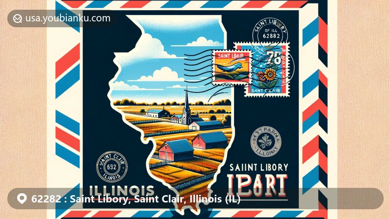 Modern illustrtion of Saint Libory, Saint Clair County, Illinois, with postal code 62282, showcasing airmail envelope against Illinois silhouette, featuring scenic depiction of Saint Libory village, fields, and rural architecture.