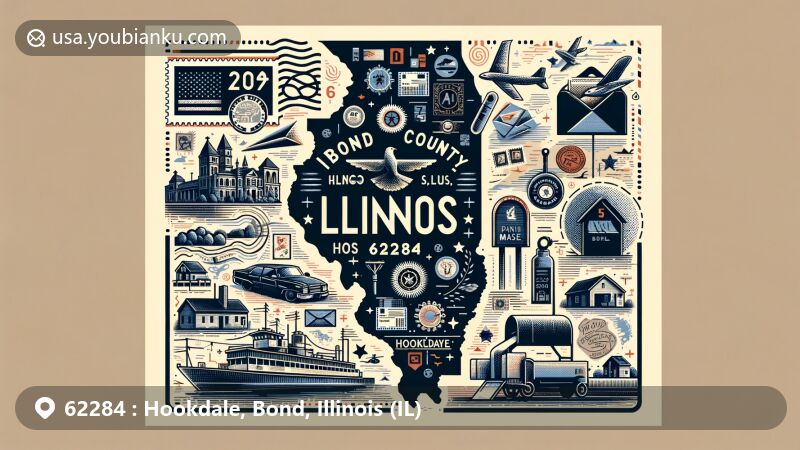Modern illustration of Hookdale, Bond County, Illinois, showcasing creative postal theme with detailed map outline, Illinois landmarks, vintage postcard design, postal imagery, and community spirit.