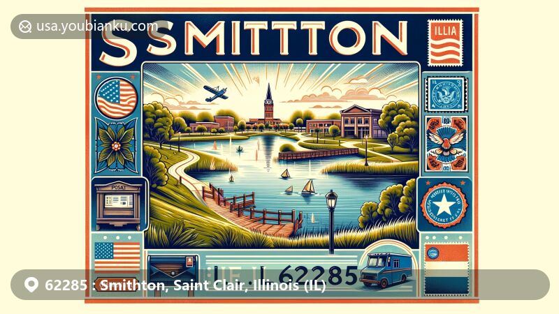 Modern illustration of Smithton area in Illinois, showcasing charm and community spirit with ZIP code 62285, featuring Smithton Park with walking trails and fishing lake.
