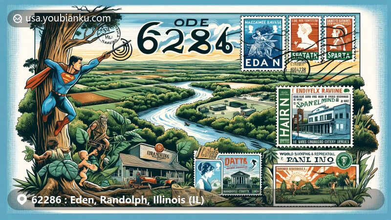 Modern illustration of Eden and Sparta in Randolph County, Illinois, highlighting ZIP code 62286, showcasing Piney Creek Ravine Nature Preserve, World Shooting and Recreational Complex, vintage postcard layout with stamps, and cultural references to 'Magazineland, U.S.A.' and Underground Railroad.