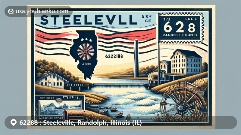 Modern illustration of Steeleville village, Randolph County, Illinois, showcasing postal theme with ZIP code 62288, featuring Mary's River, Steele's Mill, and Illinois state flag imagery.