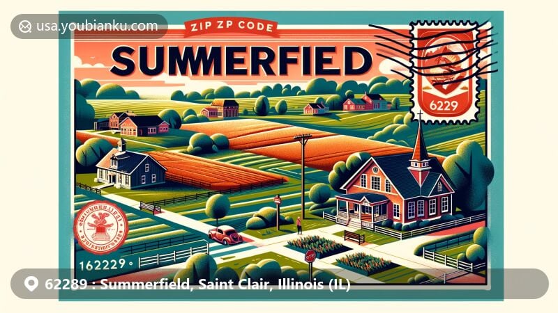 Modern illustration of Summerfield, Saint Clair, Illinois, featuring postal theme with ZIP code 62289, showcasing village charm and connection to higher education.