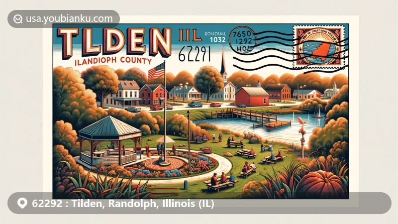 Tranquil illustration of Tilden, Illinois, featuring Piney Creek Ravine Nature Preserve, Randolph County outline, and Illinois state symbols.