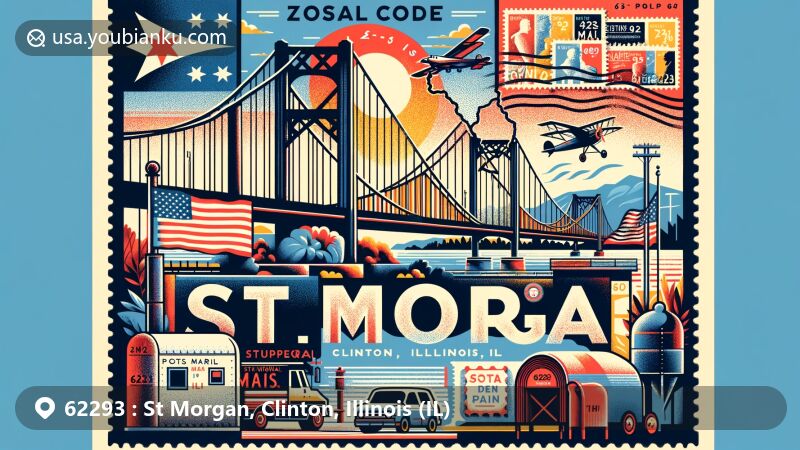 Modern illustration of St. Morgan, Clinton County, Illinois, incorporating ZIP code 62293 and postal elements, with focus on General Dean Suspension Bridge and Illinois state symbols.