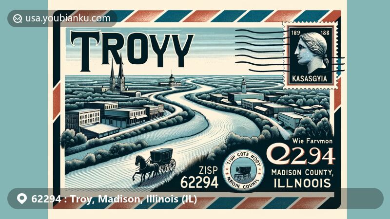 Modern illustration of Troy, Madison County, Illinois, featuring vintage air mail envelope with ZIP code 62294. Detailed Kaskaskia River depiction emphasizing local geography, with tributaries symbolizing drainage system. City silhouette with notable buildings and community. Illinois state flag and postage stamp with 1819 founding year and stagecoach. Highlighting Troy's history, community, and geographical features.