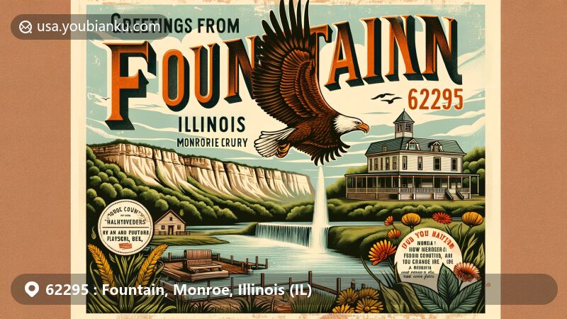 Modern illustration of Fountain, Monroe, Illinois, capturing the essence of ZIP code 62295 with a vintage postcard layout. Features include a bald eagle symbolizing local wildlife, the Fountain Tavern representing community resilience, and scenic bluffs honoring early settlers. Native plants at the base highlight local flora and heritage.