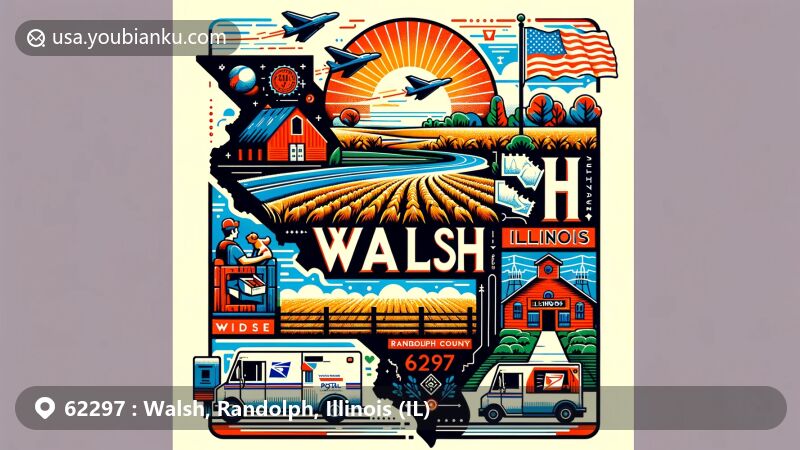 Modern illustration of Walsh, Randolph County, Illinois, featuring postal theme with ZIP code 62297, showcasing Illinois state flag and rural landscapes.