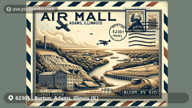 Modern illustration of Burton, Adams, Illinois, showcasing postal theme with ZIP code 62301, featuring Burton Cave, Edward Everett Art Gallery, and Mississippi River, capturing the essence of the community.