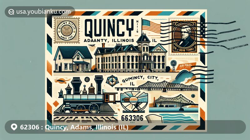 Modern illustration of Quincy, Adams County, Illinois, representing ZIP code 62306, featuring John Wood Mansion, Underground Railroad symbols, and Bayview Bridge, capturing the city's rich history and cultural significance.
