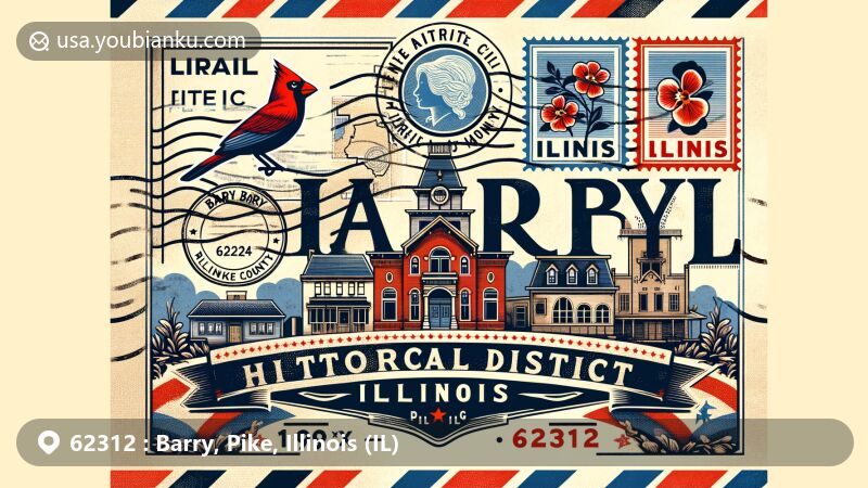 Modern illustration of Barry, Pike County, Illinois, designed as an air mail envelope with postal theme and regional features, including historical district, Northern Cardinal, and Illinois state flag.