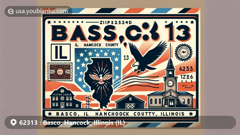 Modern illustration of Basco, Hancock County, Illinois, inspired by a postcard design, featuring regional silhouette, rural symbol, American pride elements, and postal motifs reflecting ZIP code 62313.