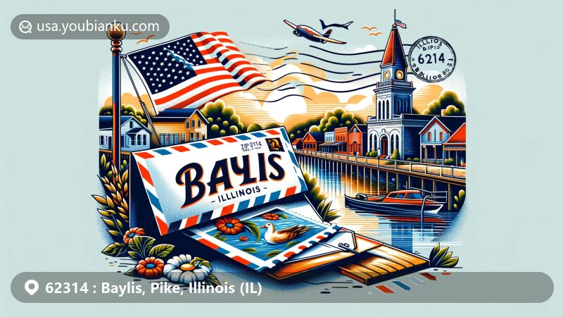 Modern illustration of Baylis, Illinois, merging small-town charm with postal theme and ZIP code 62314, featuring a stylized airmail envelope and traditional postal elements.