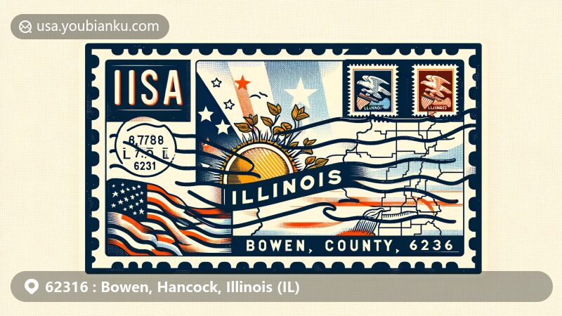 Modern illustration of Hancock County, Illinois, featuring the state flag, postal elements, and postmark of Bowen, IL 62316, with a contemporary design highlighting the geographical identity and postal culture.