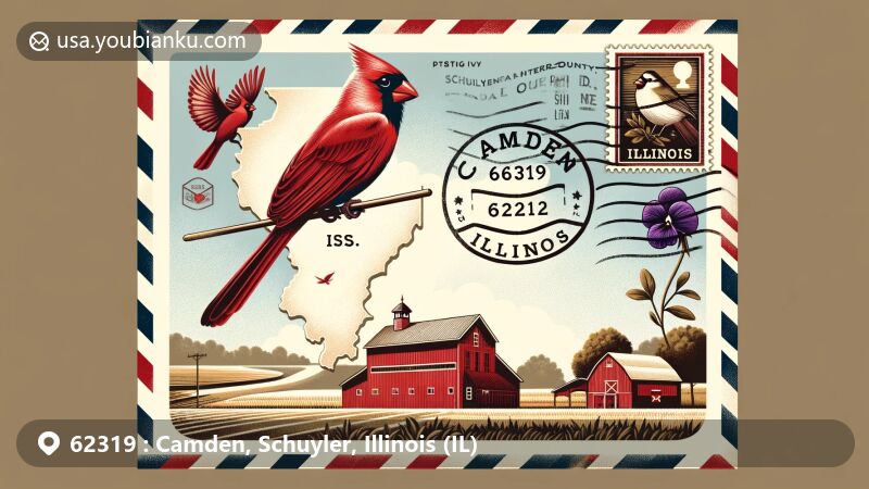 Modern illustration of Camden, Schuyler County, Illinois, ZIP code 62319, featuring vintage air mail envelope with Illinois state bird and flower stamps, '62319 Camden, IL' postmark, Schuyler County outline, rural landscape elements, and Illinois state flag.
