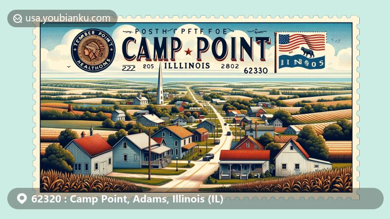 Modern illustration of Camp Point, Illinois, showcasing postal theme with ZIP code 62320 and vintage stamp. Features village streets, Adams County outline, and Illinois state flag, surrounded by rural landscape and Timber Point Healthcare Center.