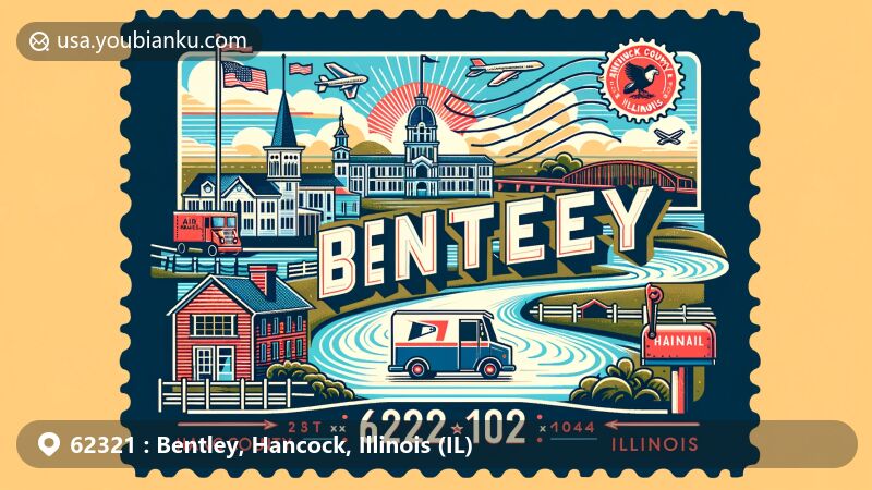 Modern illustration of Bentley, Hancock County, Illinois, adopting a postcard theme with ZIP code 62321 and postal elements like stamps, postmarks, mailbox, and mail truck, featuring the Mississippi River and Illinois state flag.