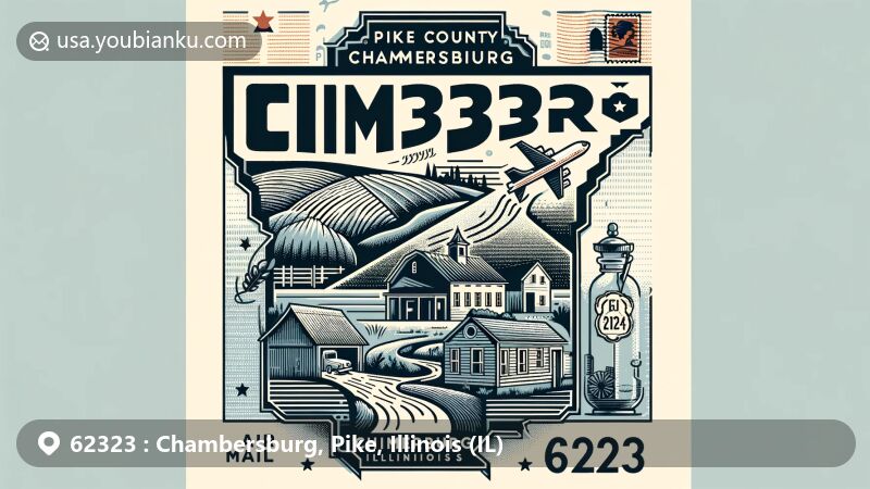 Modern illustration of Chambersburg, Pike County, Illinois, featuring postal theme with ZIP code 62323, highlighting geographic significance of Pike County within Illinois.