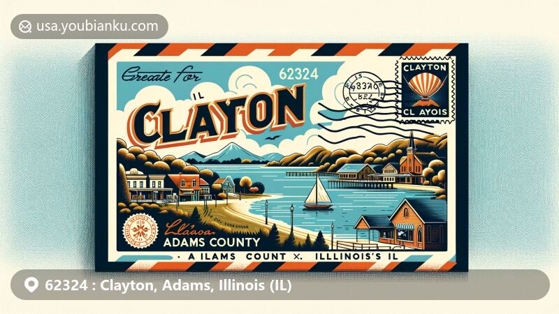 Modern illustration of Clayton, Adams County, Illinois, featuring vintage postcard design with Lake Clayton, small-town life, and Illinois cultural elements.