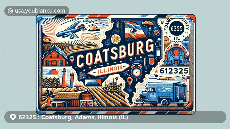 Creative illustration of Coatsburg, Adams County, Illinois, in ZIP code 62325, featuring artistic map outline, local landmarks and symbols, vintage air mail elements, and postal references.