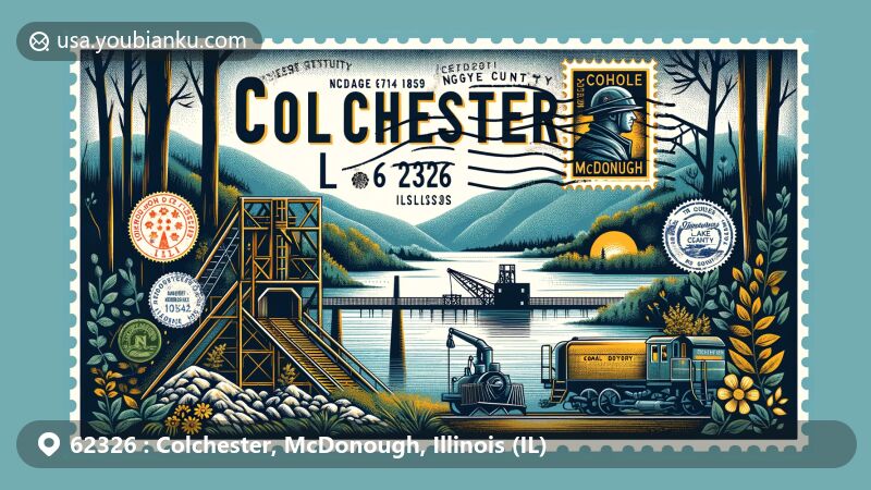 Modern illustration of Colchester, Illinois, depicting historical significance of coal discovery in the 1850s, and natural beauty like Argyle Lake State Park, in a creative postal theme with vintage postcard design.