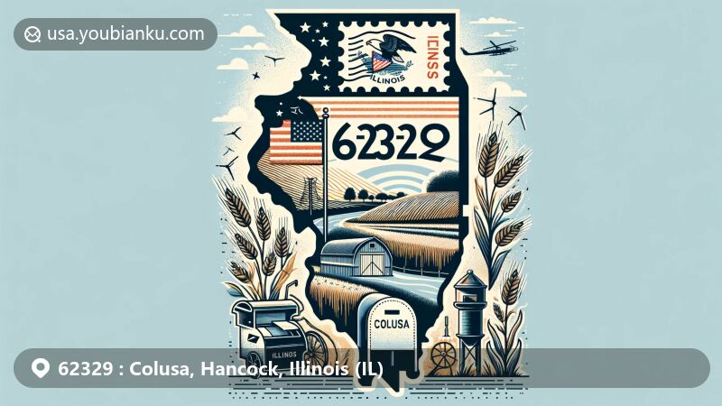 Postcard-style illustration of Colusa, Hancock County, Illinois, showcasing ZIP Code 62329, featuring Illinois state flag, postal stamp, American mailbox, Midwest agriculture symbols, and Illinois River silhouette.