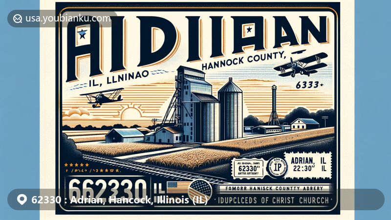 Modern illustration of Adrian, Hancock County, Illinois, displaying postal theme with ZIP code 62330, featuring landmarks like a grain elevator and Disciples of Christ Church.