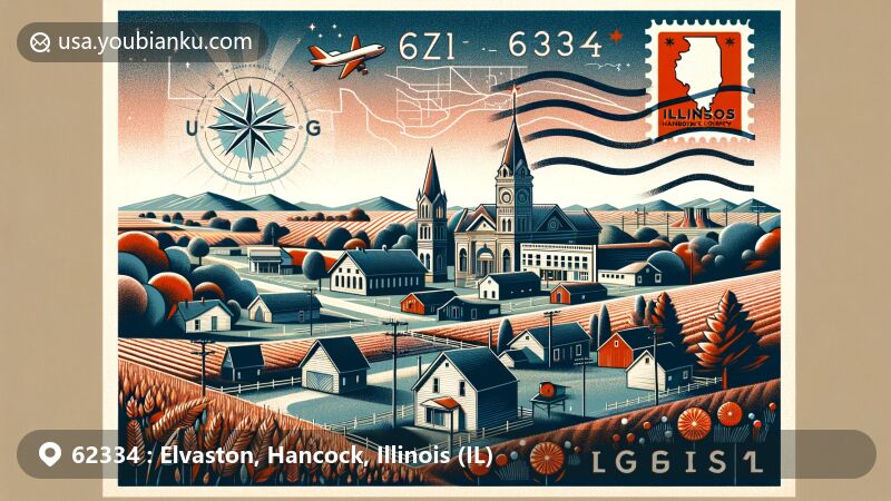 Modern illustration of Elvaston, Hancock County, Illinois, with postal theme featuring ZIP code 62334, incorporating state symbols like Northern Cardinal and Purple Violet.
