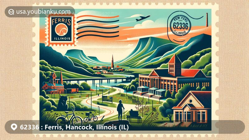 Modern illustration of Ferris, Illinois, capturing rural community ambiance, outdoor activities, rolling hills, and bluffs, with postcard displaying stamp and ZIP code 62336. Silhouettes of library, museum, and bike trails in foreground, blending natural beauty and small-town charm.