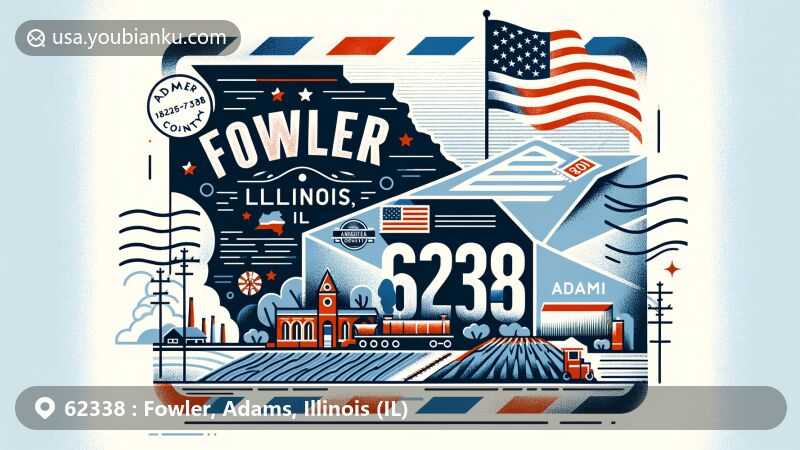 Modern illustration of Fowler, Illinois, focusing on postal theme with ZIP code 62338, featuring airmail concept with stamp, postmark effect, and Adams County outline. Background includes Illinois state flag, American symbols like farmlands and railroads, and waving flag.