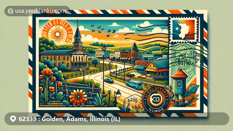 Modern illustration of Golden, Adams County, Illinois, capturing the essence of traditional postal communication with symbols of the town, including the Illinois state flag and Adams County outline, featuring a landmark or scenic view to represent the town's serene environment.