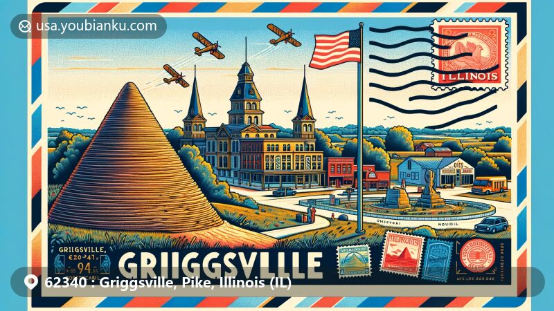 Modern illustration of Griggsville, Pike County, Illinois, featuring Naples Mound 8 and iconic buildings from Griggsville Historic District, with Illinois state flag and postal elements.