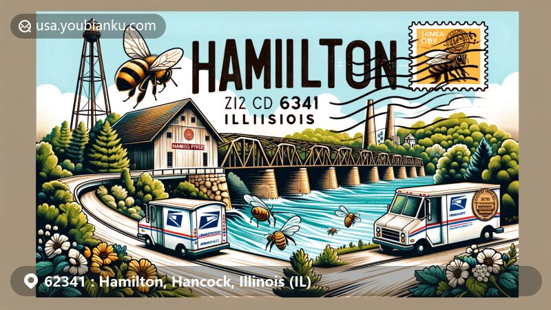 Modern illustration of Hamilton, Hancock County, Illinois, featuring postal theme with ZIP code 62341, showcasing landmarks like the Mississippi River Dam and covered bridge, symbolizing city's history and beekeeping heritage with bees and beehives.