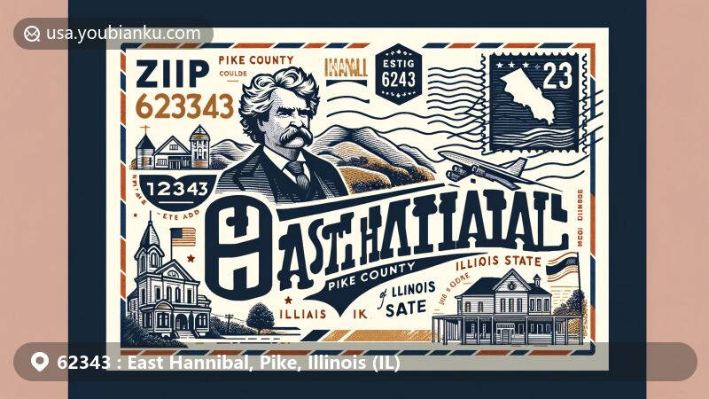 Modern illustration of East Hannibal, Illinois, showcasing postal theme with ZIP code 62343, featuring Mark Twain Cave, Pike County outline, and Illinois state symbols.