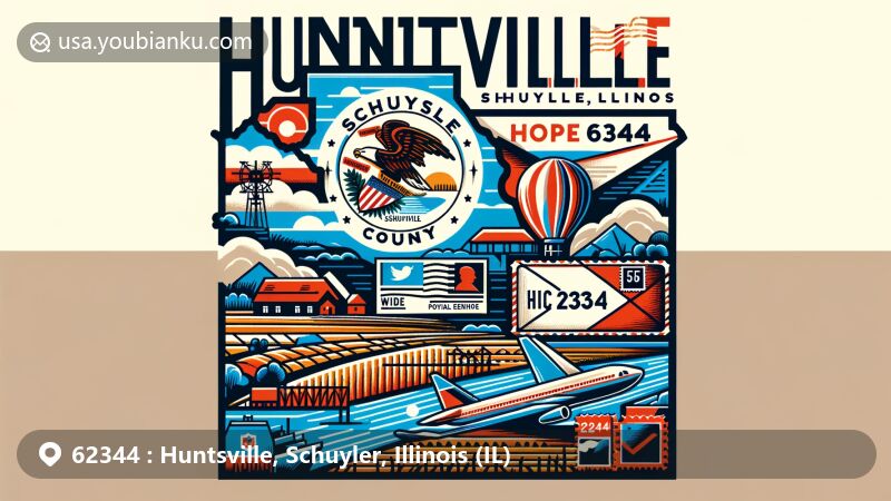 Modern illustration of Huntsville, Schuyler County, Illinois, showcasing postal theme with ZIP code 62344, featuring Illinois symbols and postal elements like airmail envelope, stamps, and postal mark.