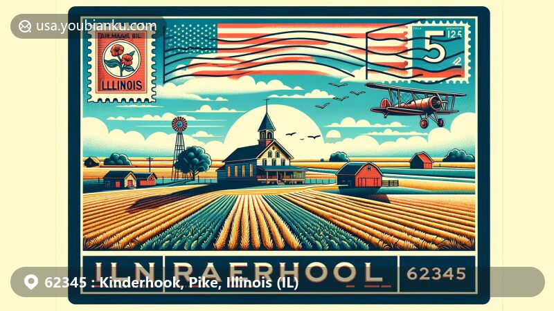Modern illustration of Kinderhook, Pike County, Illinois, highlighting rural charm and agricultural landscape, with vintage postcard elements and Old Kinderhook School.