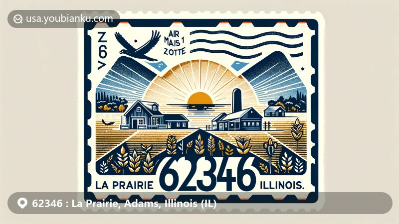 Modern illustration of La Prairie, Adams County, Illinois, portraying ZIP code 62346 with postal theme and rural elements, including village scenery and agricultural symbols, featuring Illinois state flag in the background.