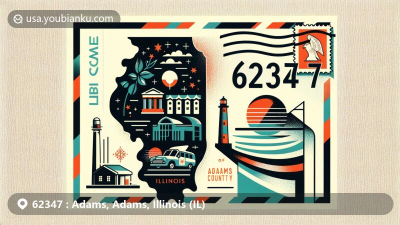 Modern illustration of Adams County, Illinois, showcasing postal theme with ZIP code 62347, featuring state silhouette and regional landmarks.