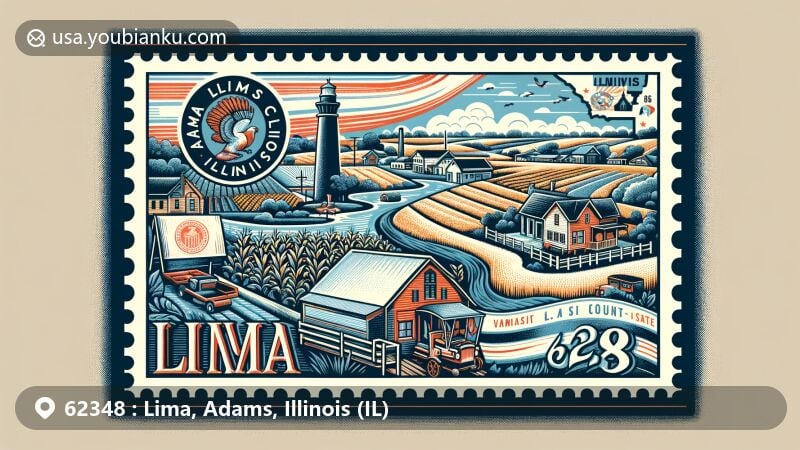 Modern illustration of Lima, Adams County, Illinois, depicting village charm and rural scenery with postal theme, showcasing Adams County outline and Illinois state symbols.