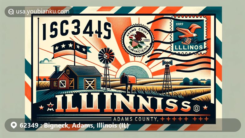 Modern illustration of Bigneck, Adams County, Illinois, exhibiting postal theme with ZIP code 62349, showcasing state flag and rural elements, featuring vintage postage stamp and mailbox.