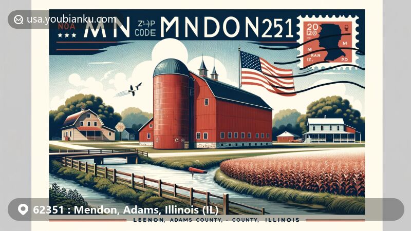Modern illustration of the Lewis Round Barn in Mendon, Adams County, Illinois, capturing the small-town ambiance with rural landscapes and quiet streets, featuring a postal stamp with ZIP code 62351, a postmark, and the Illinois state flag.