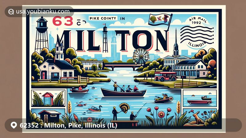 Contemporary illustration of Milton, Pike County, Illinois, showcasing rural charm and community lifestyle with elements like parks, fishing, and small-town essence, incorporating Illinois state flag and postal theme with ZIP code 62352.